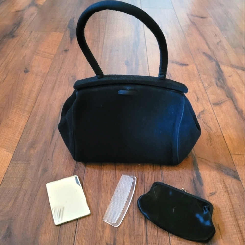 Vintage Lennox Black Suede Top Handle Handbag with Mirror Comb and Coin Purse